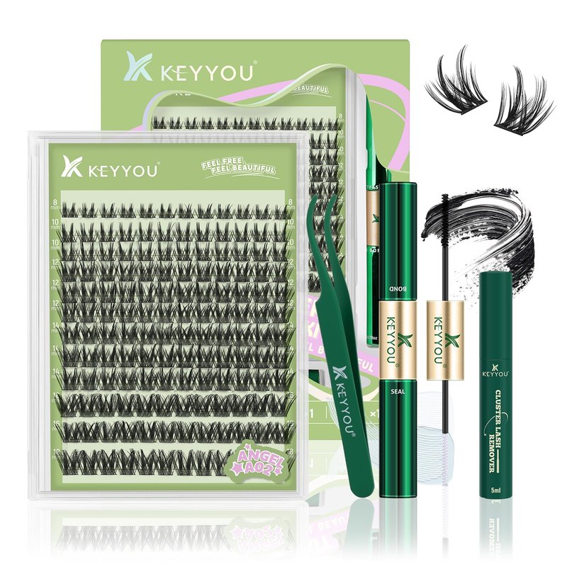 KEYYOU Angel Lash Clusters Kit, 8-18mm Mix D Curl Wispy Natural Eyelash Clusters with Bond, Seal and Tweezers for DIY Eyelash Extension at Home(Lash Kit-Angel A02)