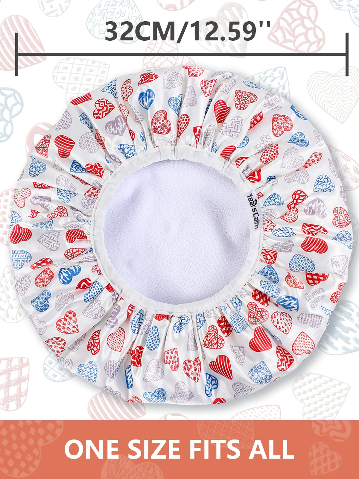 Years calm Terry Lined Shower Cap, Triple Layer Heart Motifs,Waterproof Reusable Elastic,Hair Shower Cap for Women,Terry Cloth Shower Caps for Spa,Clean,Trave (White, One Size)