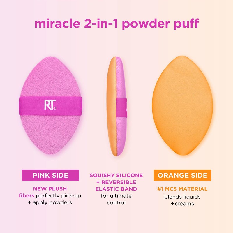 Real Techniques Miracle 2-In-1 Powder Puff 2 Pack, Dual-Sided, Full Size Makeup Blending Puff, Reversible Elastic Band, Makeup Sponge & Powder Puff, For Liquid, Cream & Powder Products, Crulety-Free