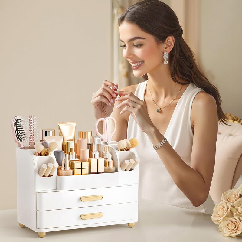 Makeup Organizer for Vanity - Large Cosmetic Storage with Brush Holder | All White, Perfect for Lipsticks & Skincare