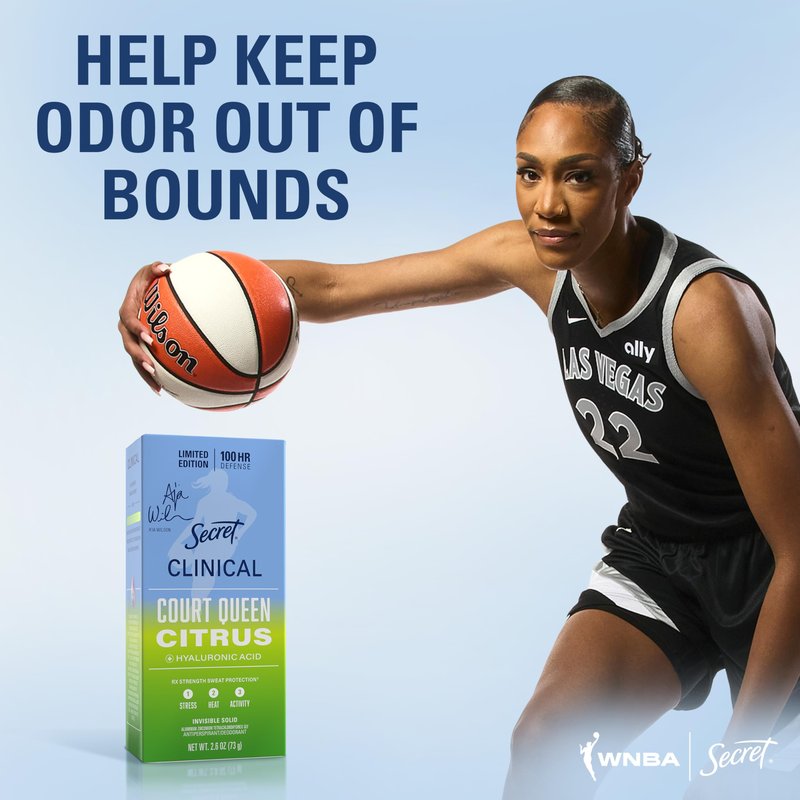 Secret Clinical Strength 100HR Defense, Invisible Solid Antiperspirant Deodorant for Women, A'Ja Wilson Edition, Triple Threat Sweat Protection, Hyaluronic Acid, Court Queen Citrus Scent, 2.6 oz