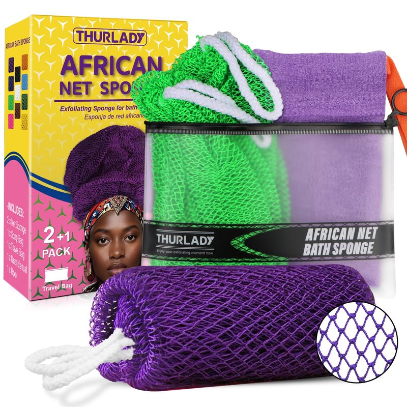 THURLADY African Exfoliating Net Sponge, 2 Pack, Purple & Green