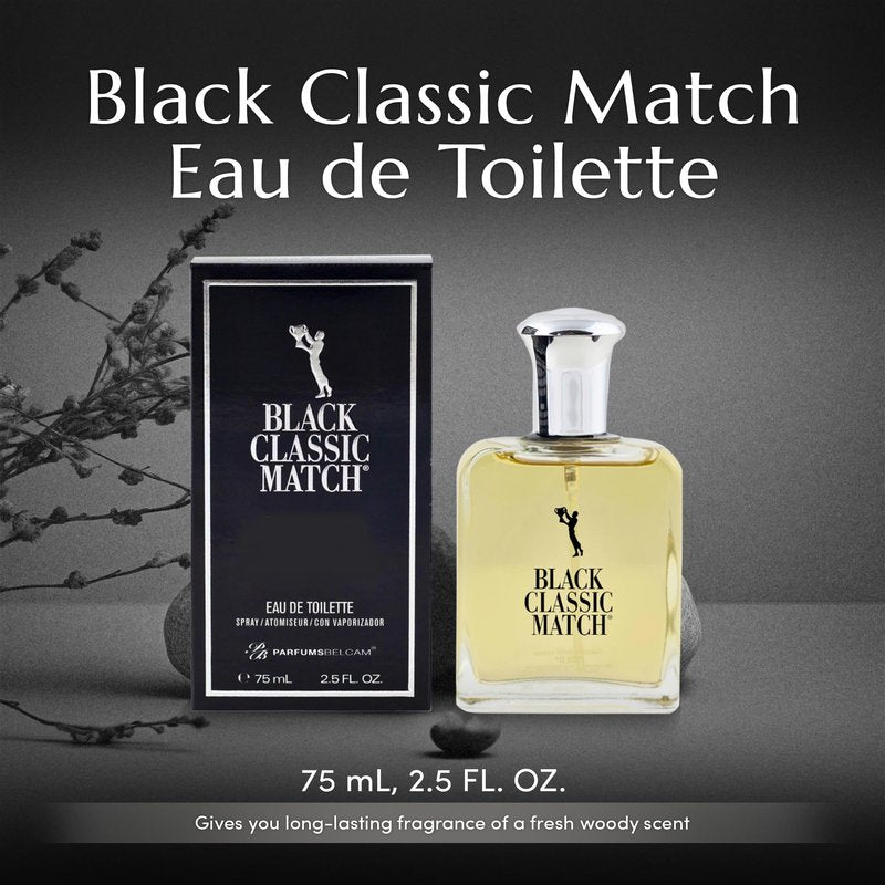 PB ParfumsBelcam Black Classic Match Eau De Toilette Spray for Men – 2.5 Fl. Oz Affordable, Long-Lasting Fresh Woody Fragrance with Leafy Green, Citrus, Sandalwood & Patchouli for Day & Night Use