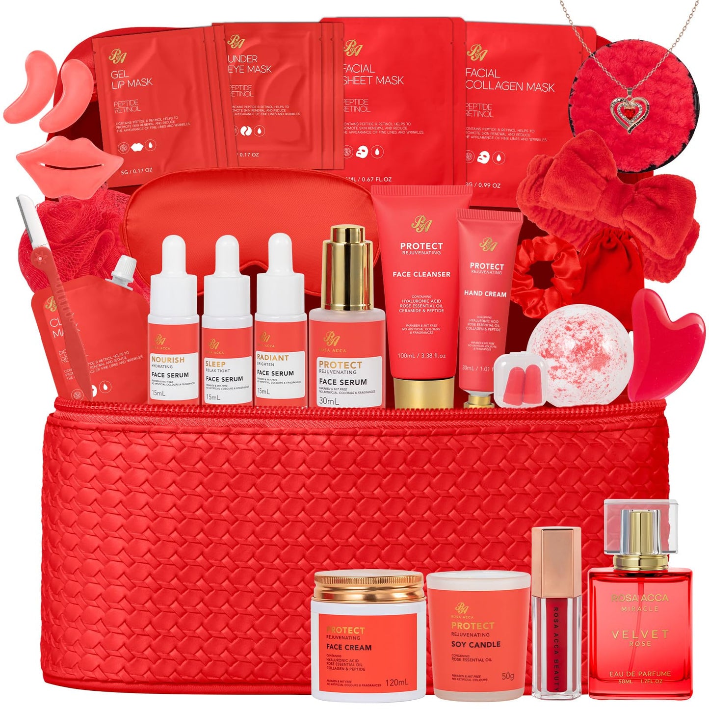 33 Pcs Mother's Day Gifts, Red Rose Bath & Body Gift Set for Women, Home Spa Kit, Hydrating Skin Care Set, Self Care Gift Basket, Cosmetic Bag, Necklace, Valentines, Birthday, Anniversary