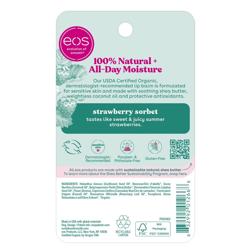 eos 100% Natural & Organic Lip Balm Sticks - Strawberry Sorbet, All-Day Moisture for Sensitive Skin, Dermatologist Recommended, 0.14 oz, 2-Pack