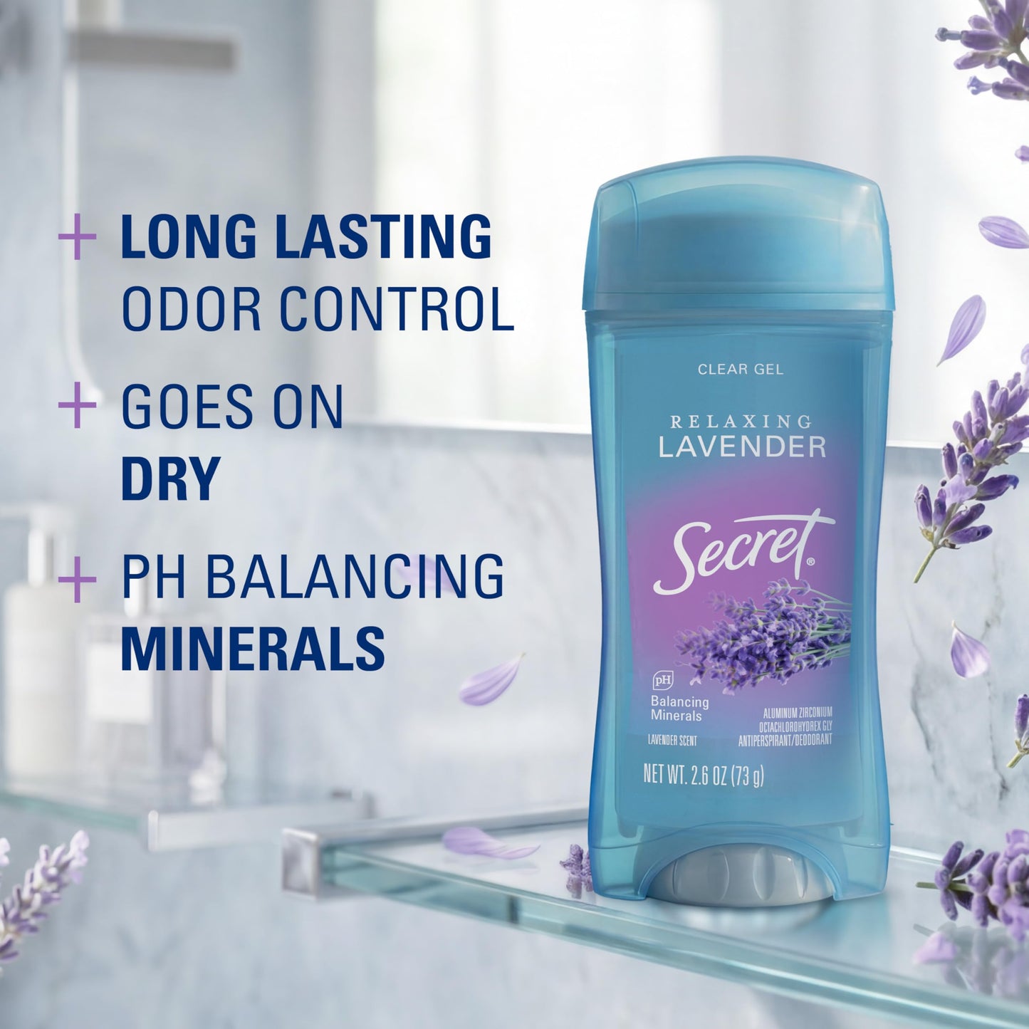 Secret Fresh Antiperspirant Deodorant for Women, 72hr Breathable Sweat & Odor Protection, Instant Freshness & Gentle, PH Balancing Minerals, Clear Gel, Relaxing Lavender Scent, 2.6 oz (Pack of 2)