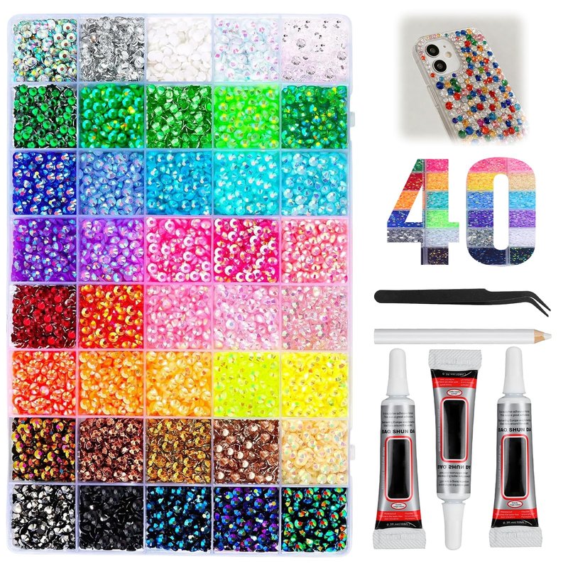 Bedazzling Kit Rhinestones, Colorful DIY Resin Jelly Rhinestones for Bedazzling, 3mm Flatback Gems Bedazzler Kit with 3pcs B7000 Jewelry Glue & Tweezer, for Nail Art Crafting Clothes (32000PCS)