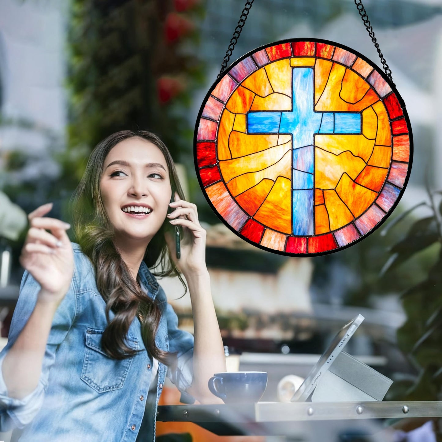 QZQCBLC Christian Gifts for Women - Blue Jesus Cross Stained Glass Window Hanging Easter Orange Sun Catcher Garden Religion Decor Mother's Day Catholic Gift for Men Grandma Nana Dad Mom Her 6.3"