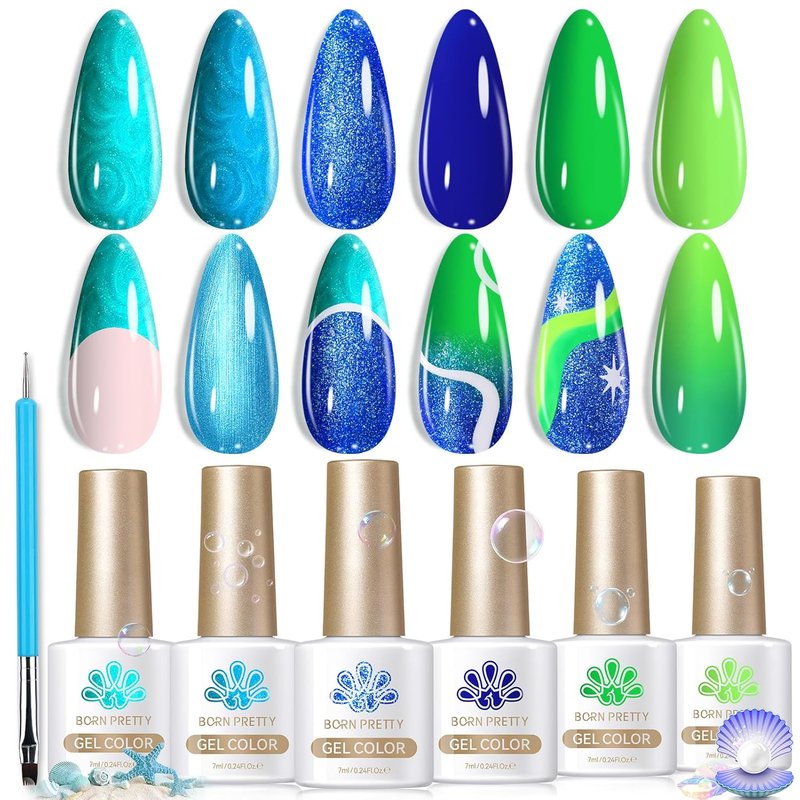 Born Pretty Neon Green & Blue Gel Nail Polish - 6 Colors with Shimmer Pearl Glitter for DIY Nail Art
