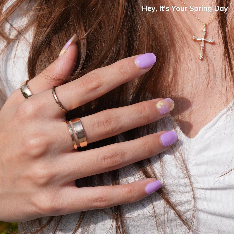 Heyhae Semi Cured Gel Nail Strips | No LED Lamp Needed | Purple, Floral | Easy Apply & Remove, Salon Quality | Includes 28 Strips, 2 Prep Pads, Nail File & Wooden Stick - Hey, It's Your Spring Day