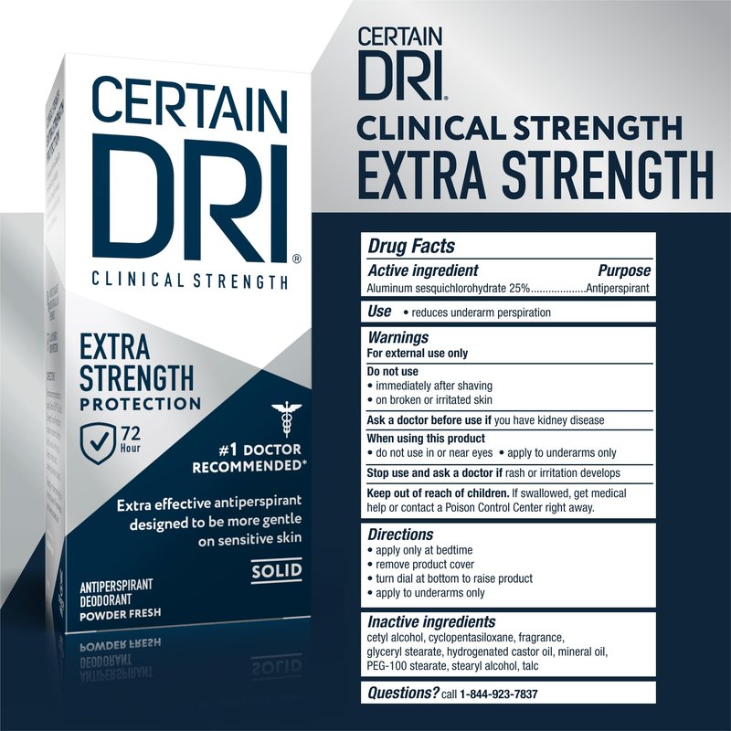 Certain Dri Extra Strength Clinical Antiperspirant - 72-Hour Sweat & Odor Protection for Excessive Sweating - Maximum Strength Deodorant for Men & Women, Powder Fresh Scent - 1.7 oz (3 Pack)