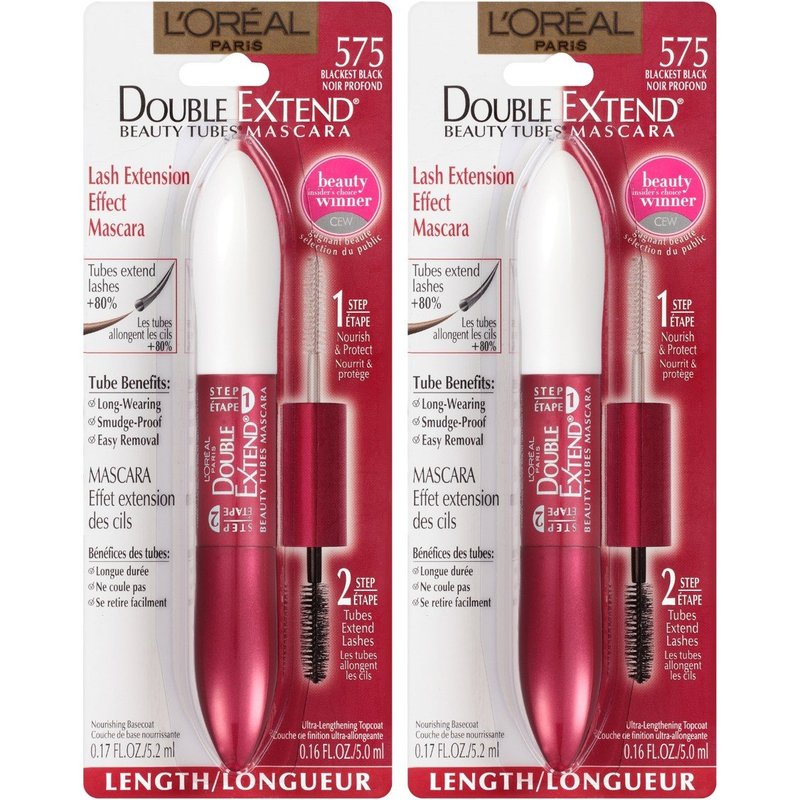 L'Oreal Paris Double Extend Tubing Mascara - Lengthening, Smudgeproof, Blackest Black | Pack of 2