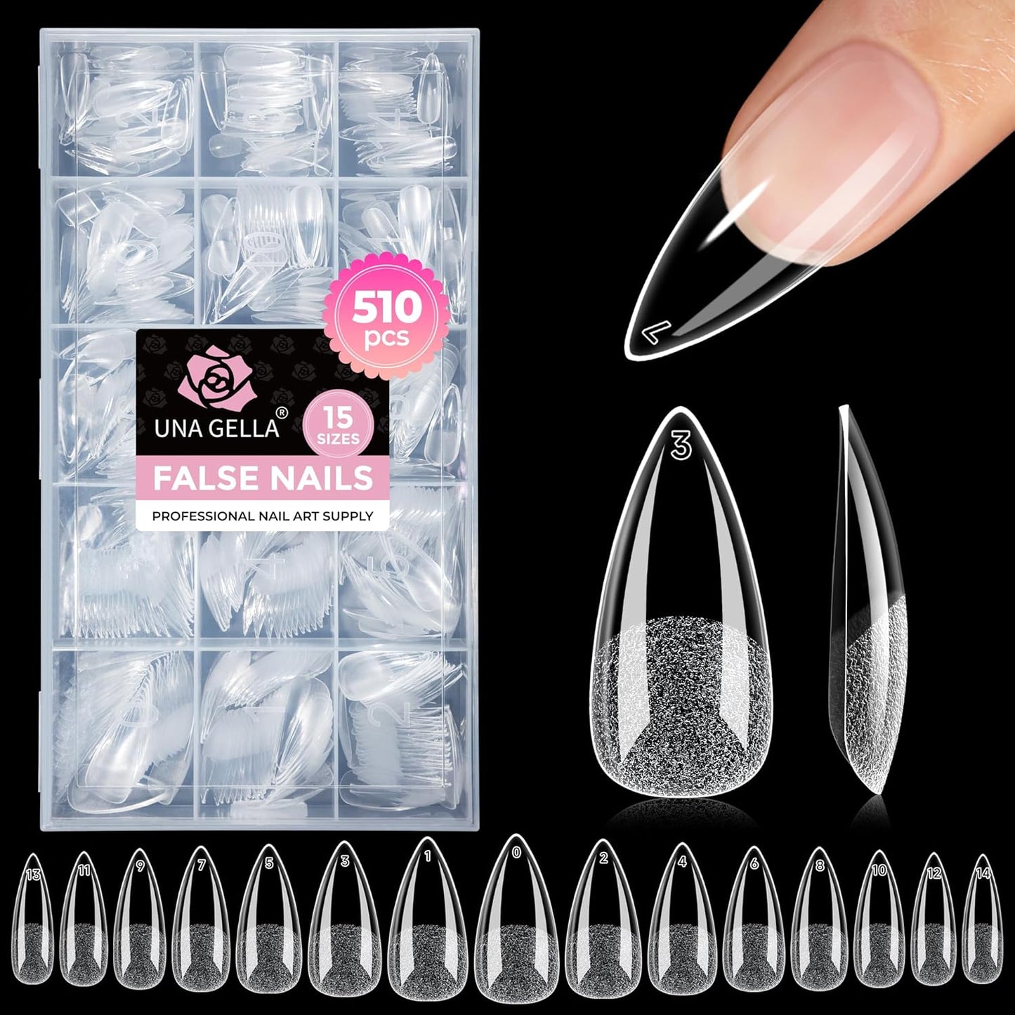 UNA GELLA Stiletto Gel Nail Tips - 510 Pcs Medium Almond Full Cover Clear Acrylic Nails | Sturdy Press-On for DIY & Salon Use