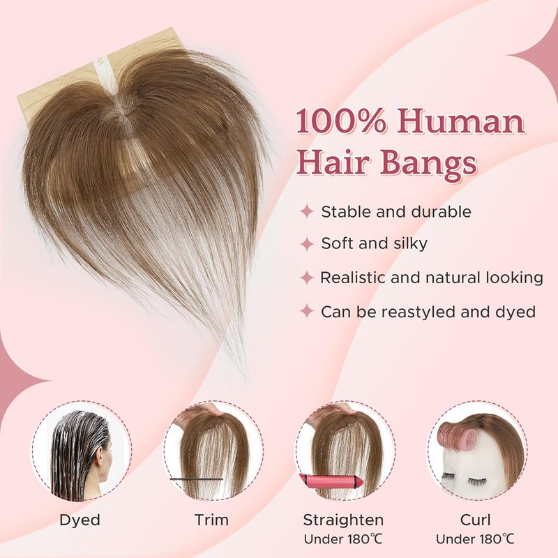 Clip-In Side Bangs Real Human Hair - Hand-Tied, Invisible Edges, Breathable Fluffy Hair Pieces | Medium Brown