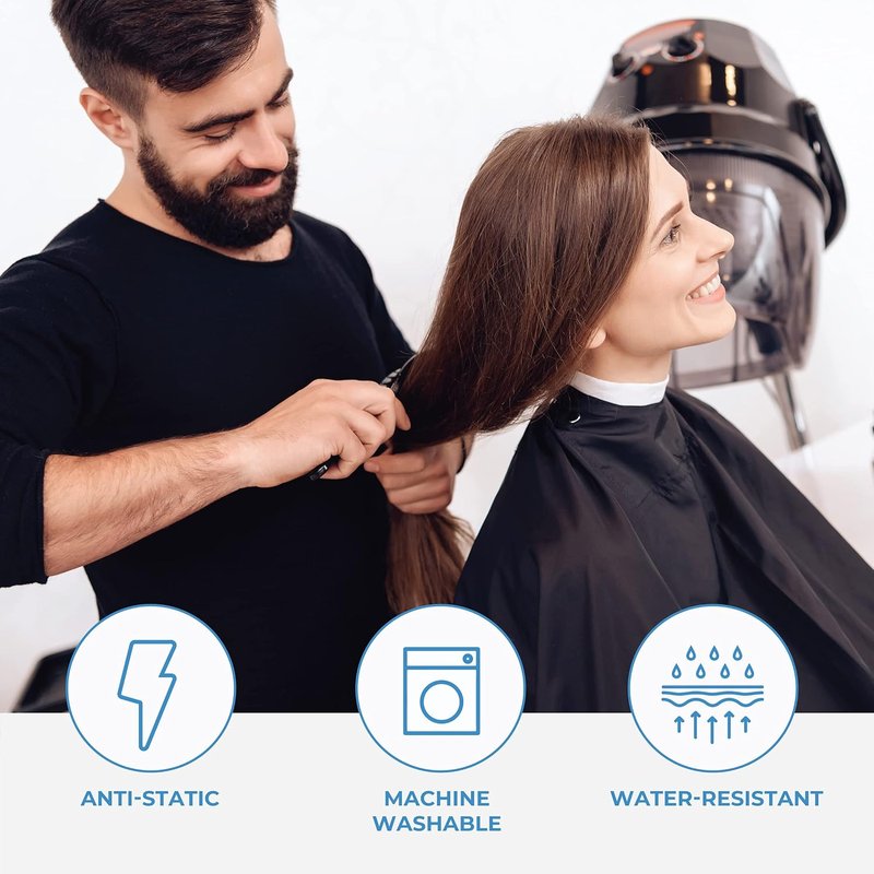 Professional Hair Salon Styling Cape - Low Fluorine Poly Material, Adjustable Snap Closure | 58” L x 47” W, Black