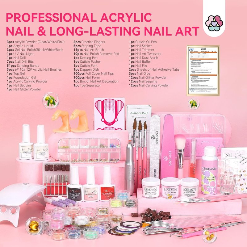 SAVILAND Acrylic Nail Kit - Professional Set with UV Light, 3 Gel Polish Colors & Tools for Home Salon