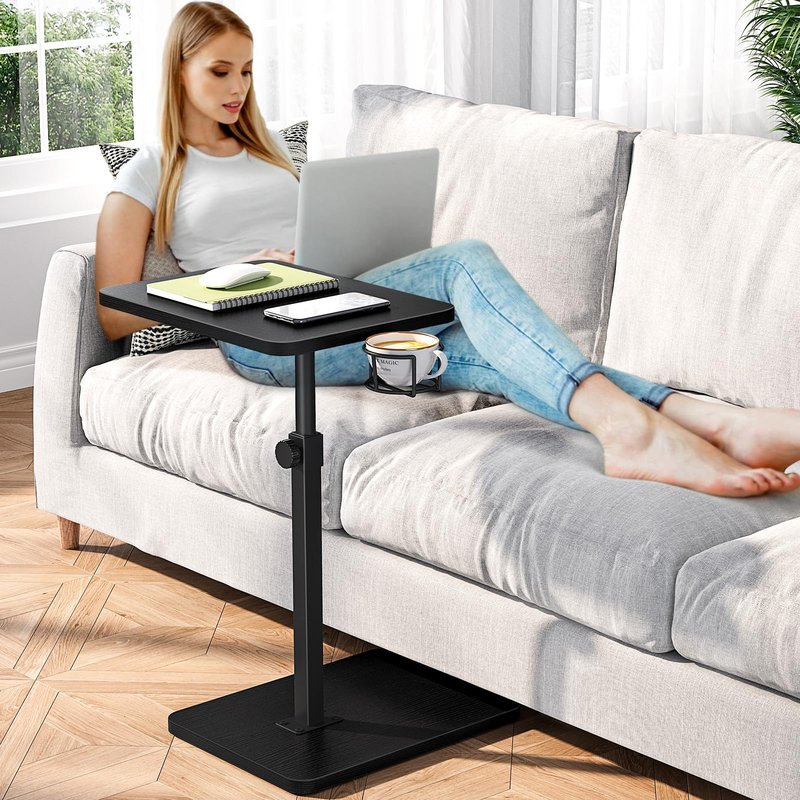 Giikin Side Table, 360 Swivel & Height Adjustable TV Trays for Eating on Couch, Sofa Armrest TV Tray Table with Cup Holder for Small Spaces, C-Shaped, Black, 11.8" D x 15.8" W x 31" H