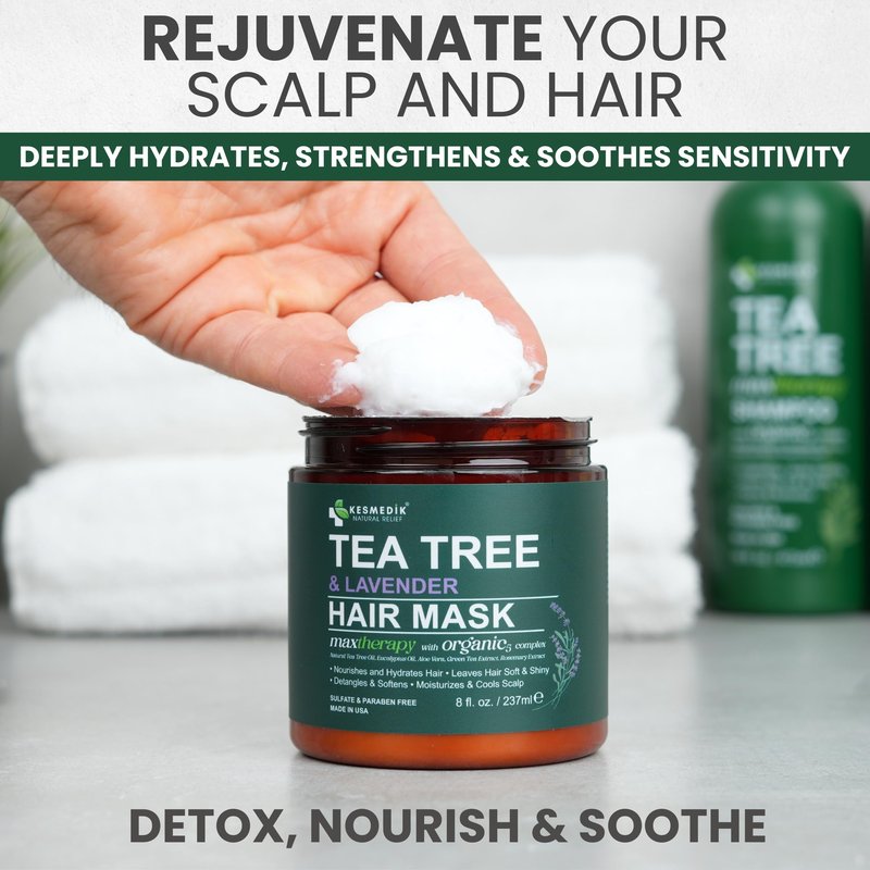 KESMEDIK Tea Tree Hair Mask with Rosemary & Lavender, Deep Conditioning Treatment for Dry, Damaged, Coarse Hair, Hydrating Hair Mask with Itchy Scalp Relief, Men & Women, Sulfate-Free