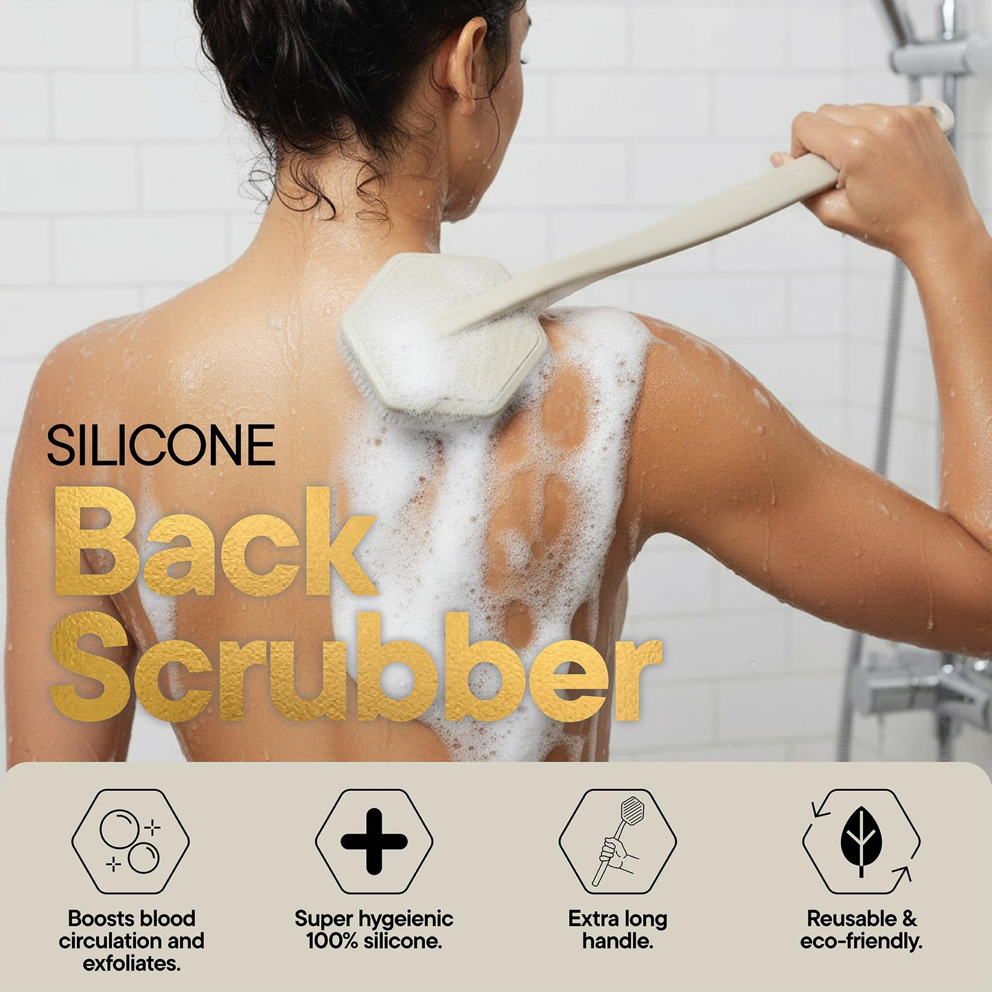 TOOLETRIES Silicone Back Scrubber with Hook, Exfoliating Body & Bath Brush, Long Ergonomic Handle, Non-Slip Grip for Hard-to-Reach Areas, Hygienic Silicone Bath Accessory for Men & Women - Sand
