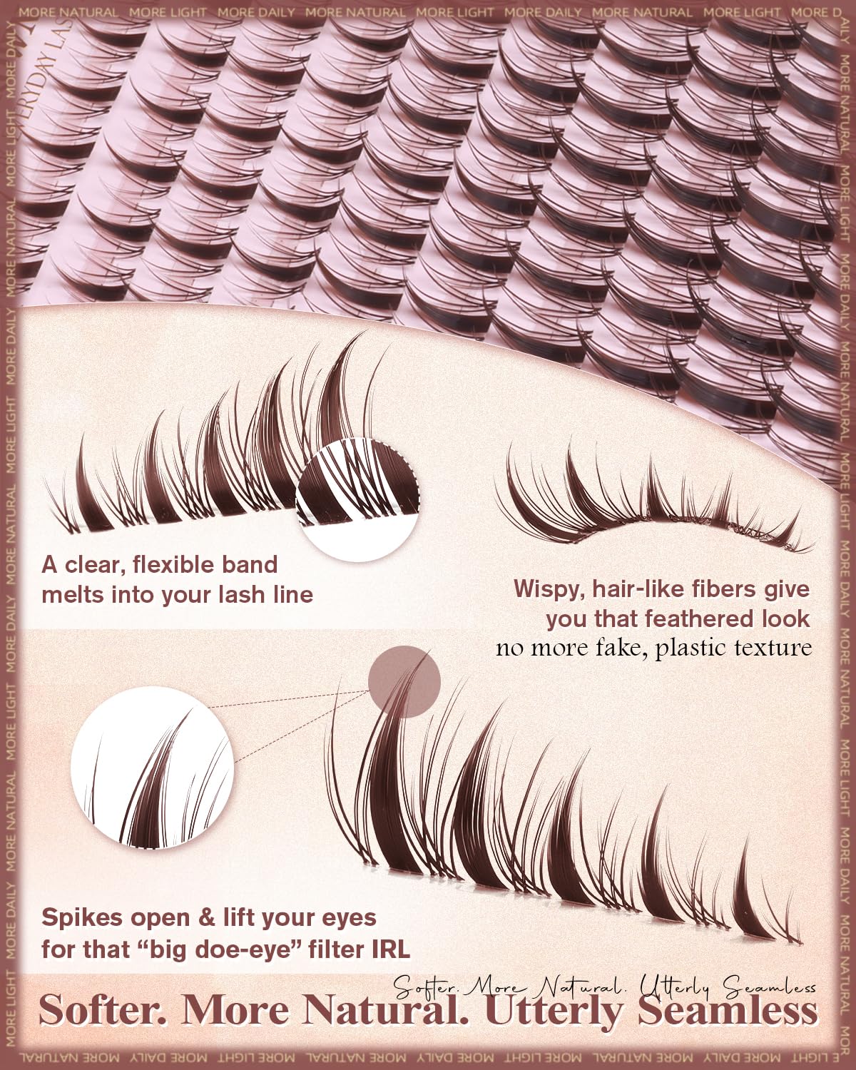 WTVANE Brown Lash Clusters Manga Eyelash Clusters Natural Lash Extensions 8-16mm Wispy Lash Clusters with Spikes Clear Band Individual Lashes Dark Brown Cluster Eyelash Extensions Anime Look