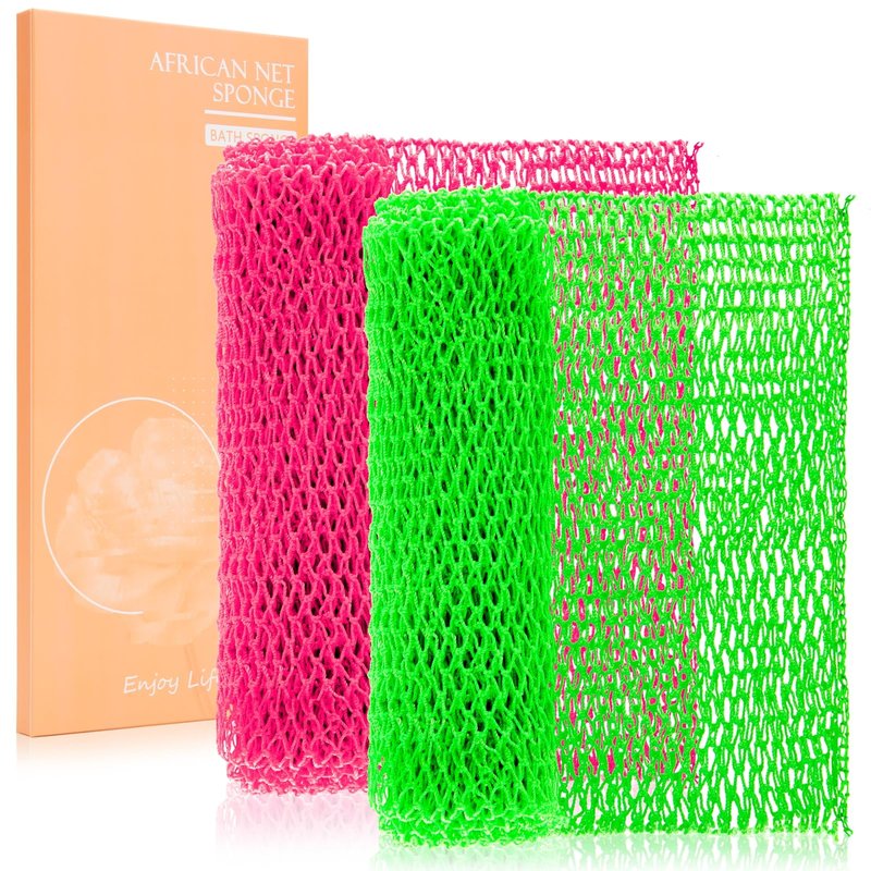 MTDLYICE African Net Sponge 2 Pack, Back Scrubber for Shower, XL 80CM Exfoliating Washcloth, African Net Sponge Authentic, Body Scrubber exfoliator Bath Accessories (Pink,LightGreen)