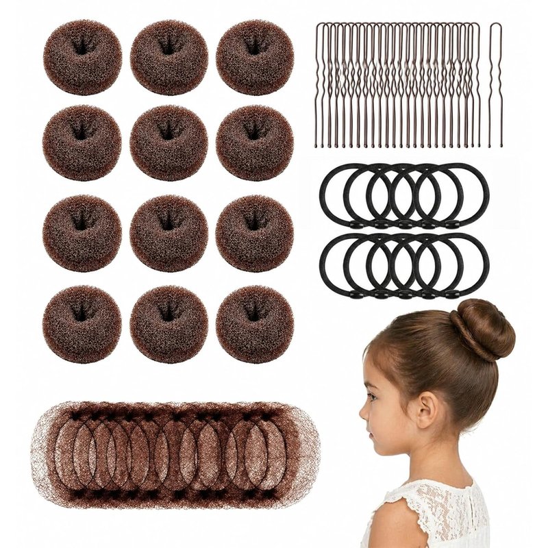 Hair Donut Bun Maker Set - 12pcs Chignon Rings for Thin Fine Hair | Includes Hair Ties, Nets & U Pins (Brown)