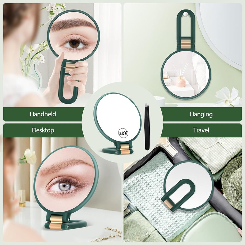 30X Magnifying Hand Mirror - Double-Sided Portable Makeup Mirror | Travel Essential, Green