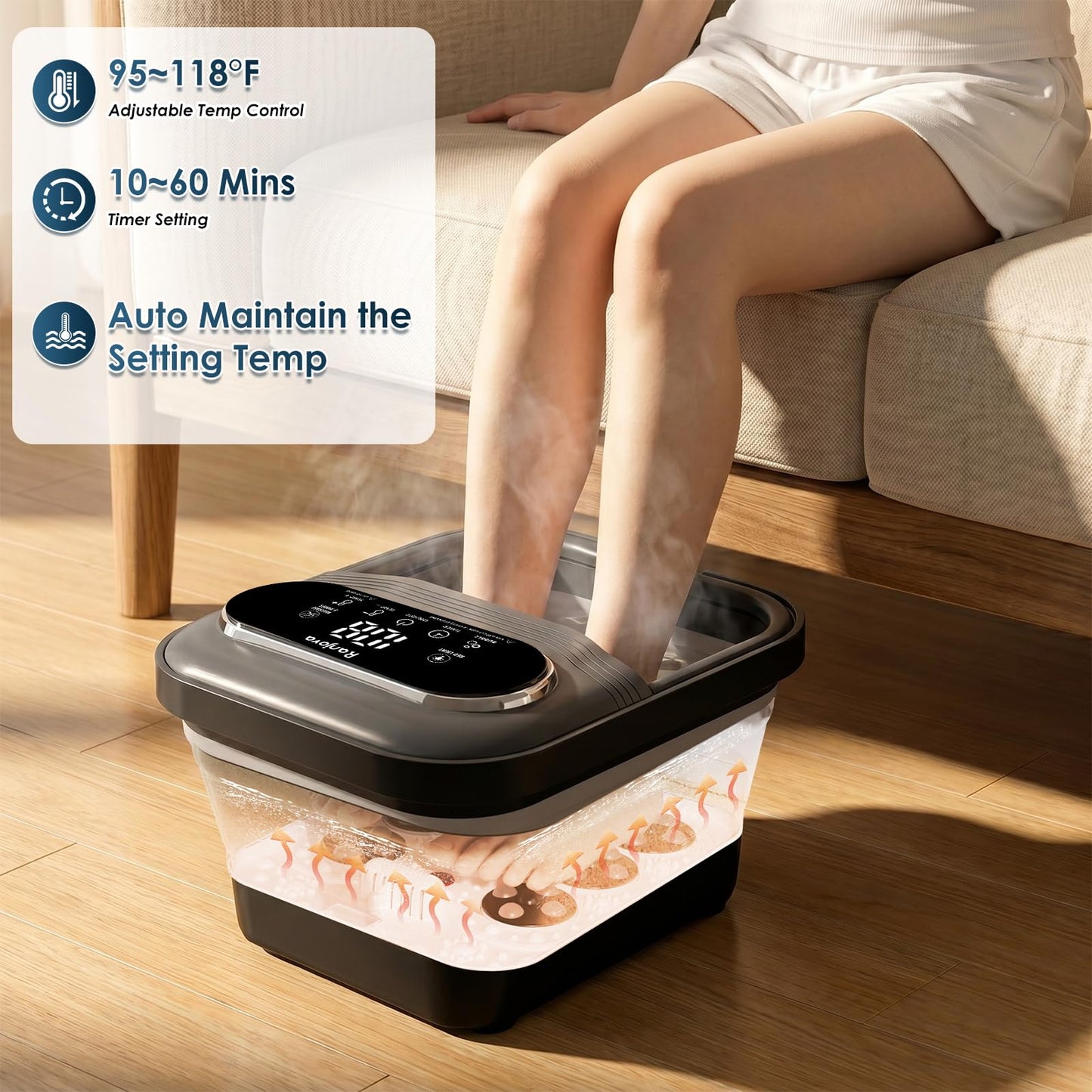 Ranjova Collapsible Foot Spa Electric Rotary Massage, Foot Bath with Heat, Bubble,Temp Control, and 24 Motorized Shiatsu Massage Balls, Pedicure Foot Spa Tub for Stress Relief (Black)