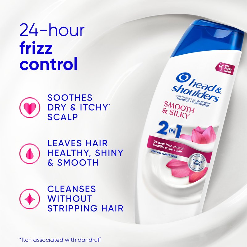 Head & Shoulders Anti-Dandruff Shampoo and Conditioner with 1% Pyrithione Zinc, Smooth & Silky 2 in 1, 24-Hour Frizz Control, Soothes Dry & Itchy Scalp, Leaves Hair Healthy, Shiny & Smooth, 28.2 Fl Oz