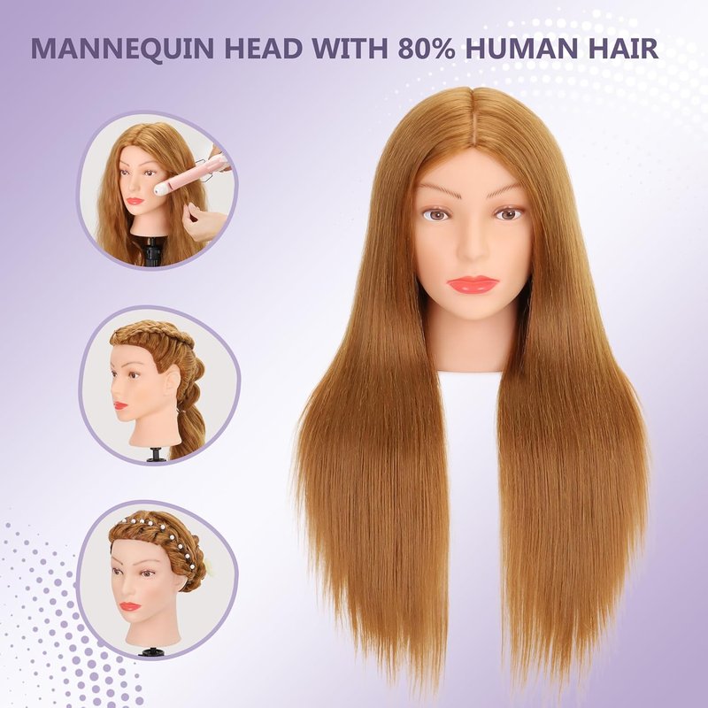 Human Hair Mannequin Head - 80% Real Hair for Cosmetology | 26-28” Blonde Styling & Braiding Head with Clamp Tools