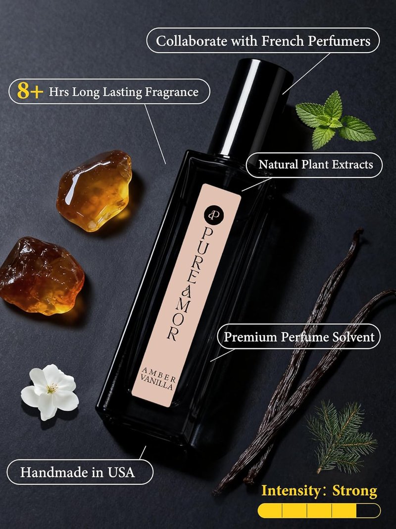 PUREAMOR Amber Vanilla Perfume for Women, Coffee Scented Fragrance with Warm Amber & Sweet Vanilla Notes, Long Lasting Extrait de Parfum, Advanced Fragrance Travel Size 0.7 oz Eau de Parfum Spray
