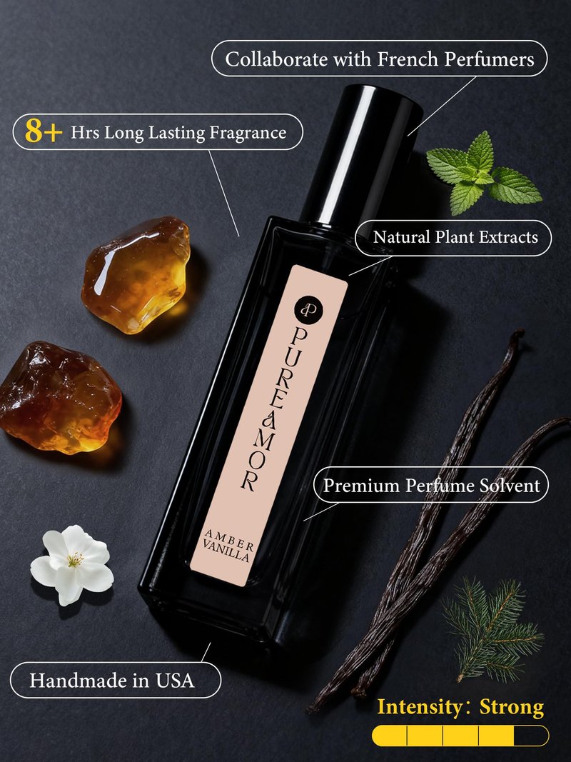PUREAMOR Amber Vanilla Perfume for Women, Coffee Scented Fragrance with Warm Amber & Sweet Vanilla Notes, Long Lasting Extrait de Parfum, Advanced Fragrance Travel Size 0.7 oz Eau de Parfum Spray