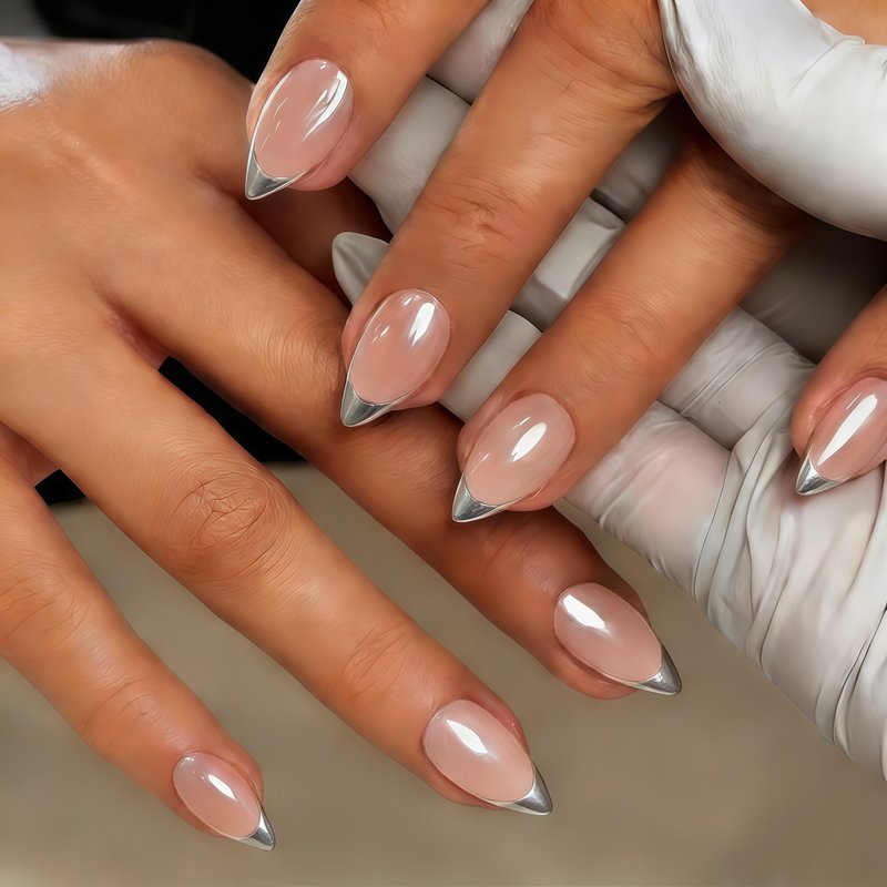 KXAMELIE French Tip Press on Nails Short Almond - Chrome Silver French Tip Nails with Glue & Tabs, Opaque Natural Nude Fake Nails in 12 Sizes - 24 Soft Gel Glue on Nail Kit for Women Manicure Gift