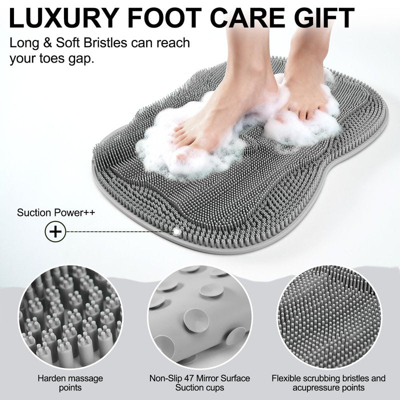 EaTubano Bath Shower Foot Scrubber Mat - Silicone Shower Foot Scrubber Mat (XL) Cleaner Foot Toes Clean Pad Without Bending Non-Slip Suction Cups Bathroom mat 17.2 * 13 inch - Grey