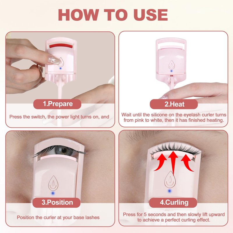 Heated Eyelash Curler for Women, C Curl Electric Lash Curler, Anti-Burn Silicone Pad, Fast Heat-Up, Rechargeable Portable Makeup Tool for Straight Lashes, Pink