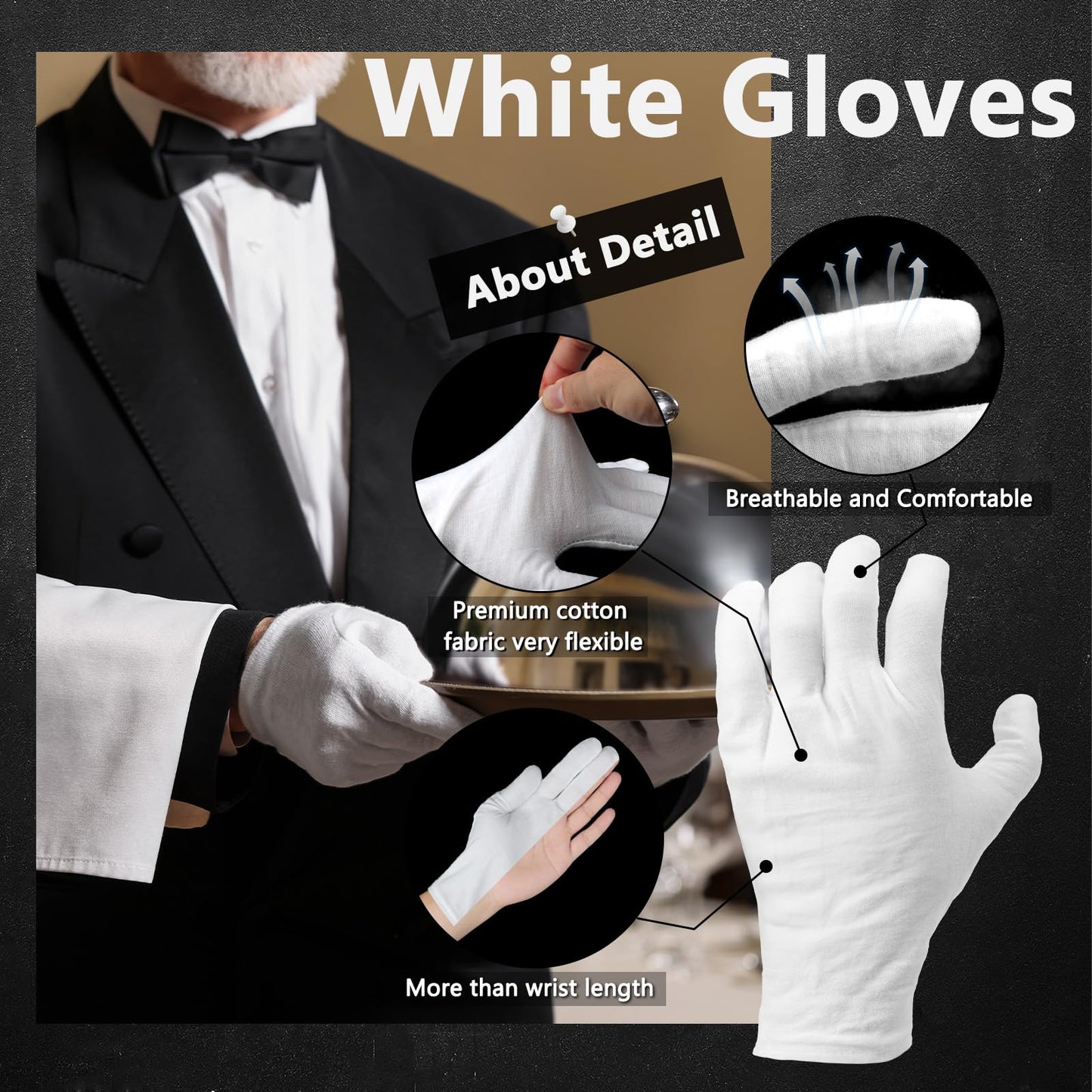Zealor 12 Pairs White Cotton Gloves Soft Cloth Dust Hand Gloves Work for Men Women Art Crafting Handling, Eczema, BBQ, Coin Jewelry Watch Inspection, Dry Hands Sleeping, Archival, Large