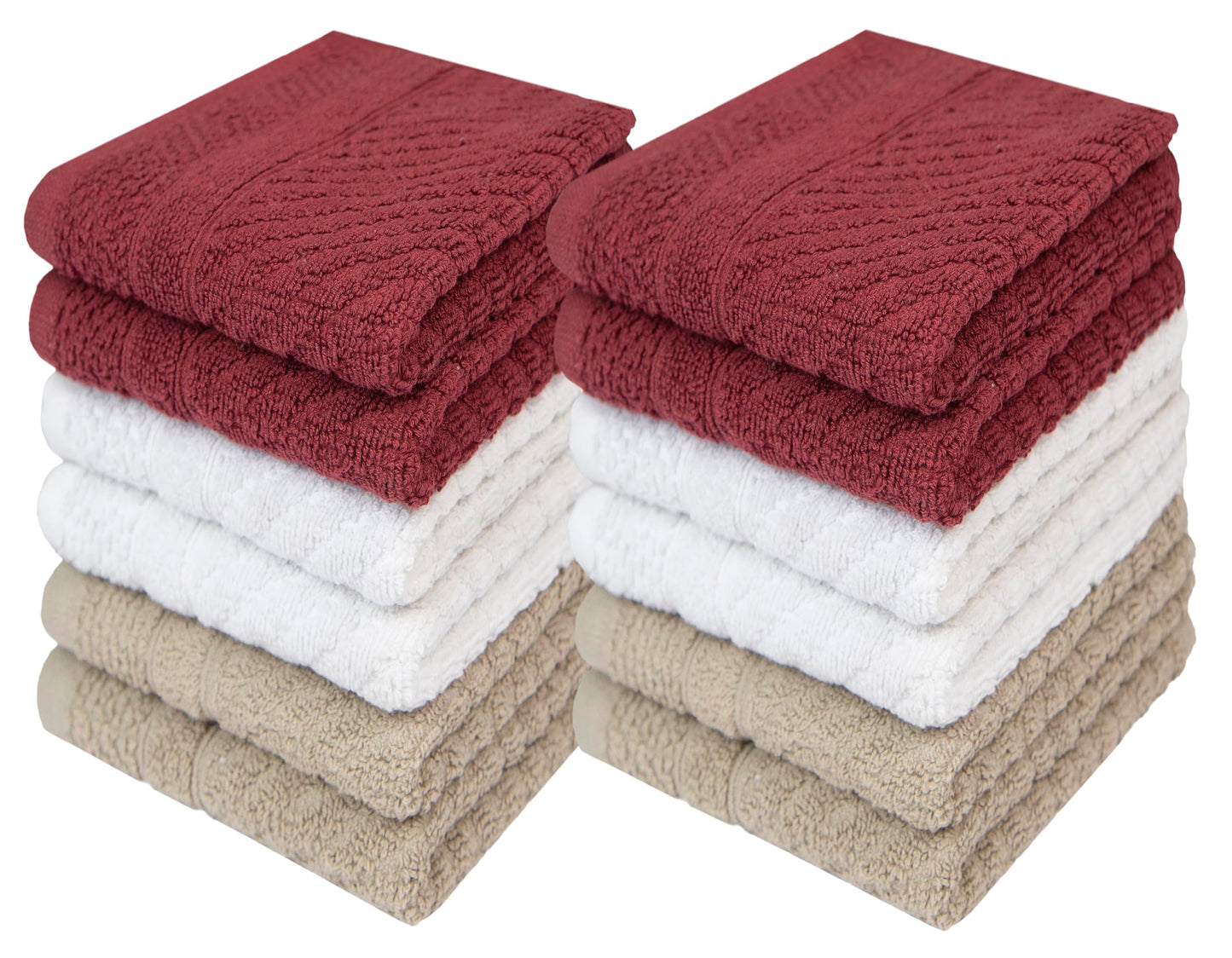 Pleasant Home Chevron Wash Cloths Set - 12 Pack (12” x 12”) – 509 GSM - 100% Ring Spun Cotton Wash Cloth - Super Soft and Highly Absorbent Face Towels (Maroon, White & Tan)