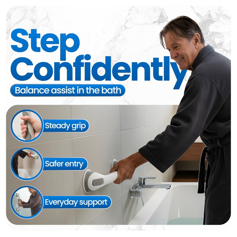 Safe-er-Grip Changing Lifestyles Suction Cup Grab Bars For Bathtubs & Showers; Safety Bathroom Assist Handle, White & Grey, 16 Inches
