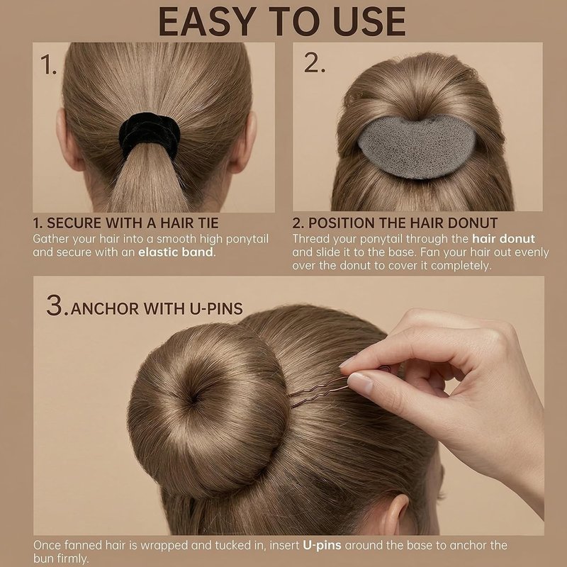 Hair Donut Bun Maker Set - 6 Pcs Firm Hold Bun Shaper Rings for Women | 2 Sizes (Small & Medium) + 5 Hair Ties & 20 U Pins - Tan Brown