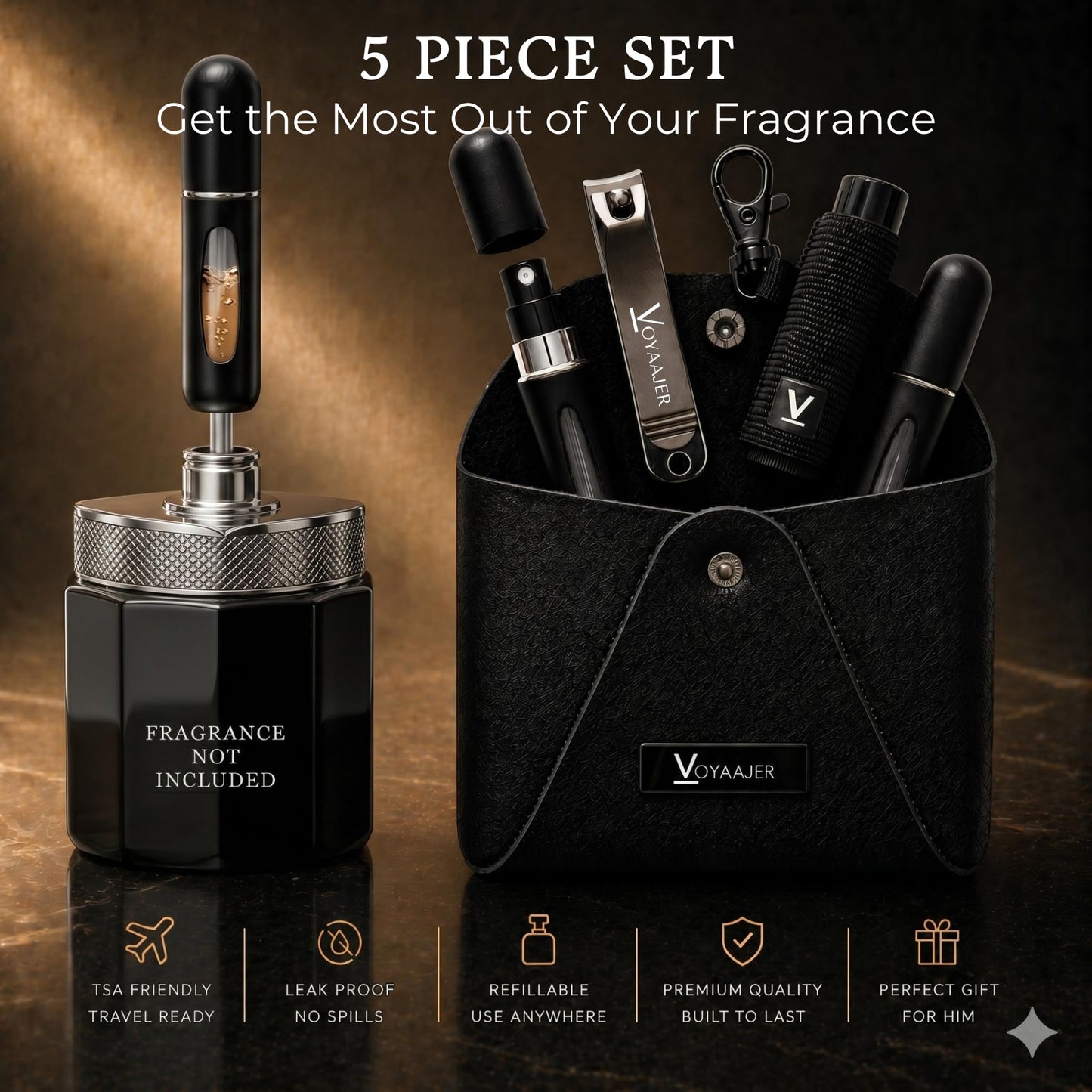 Voyaajer Noir 5 Piece Essential Set | 2-Black 5ML Refillable Cologne-Perfume Atomizers | 1-Black Vegan Leather Case | 1-Black Lip Balm Sleeve Holder | 1-Nail Clipper | Reusable and TSA Compliant.