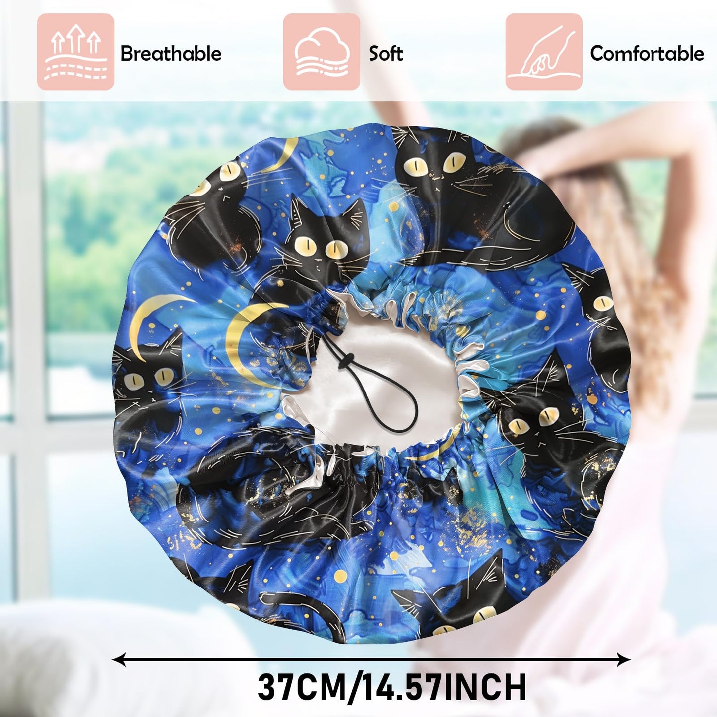 Cabreche Luxury Shower Cap Satin Silk Lined Adjustable Elastic Reusable Waterproof Shower Bath Cap Cute for Women Girls-Black Cat Blue