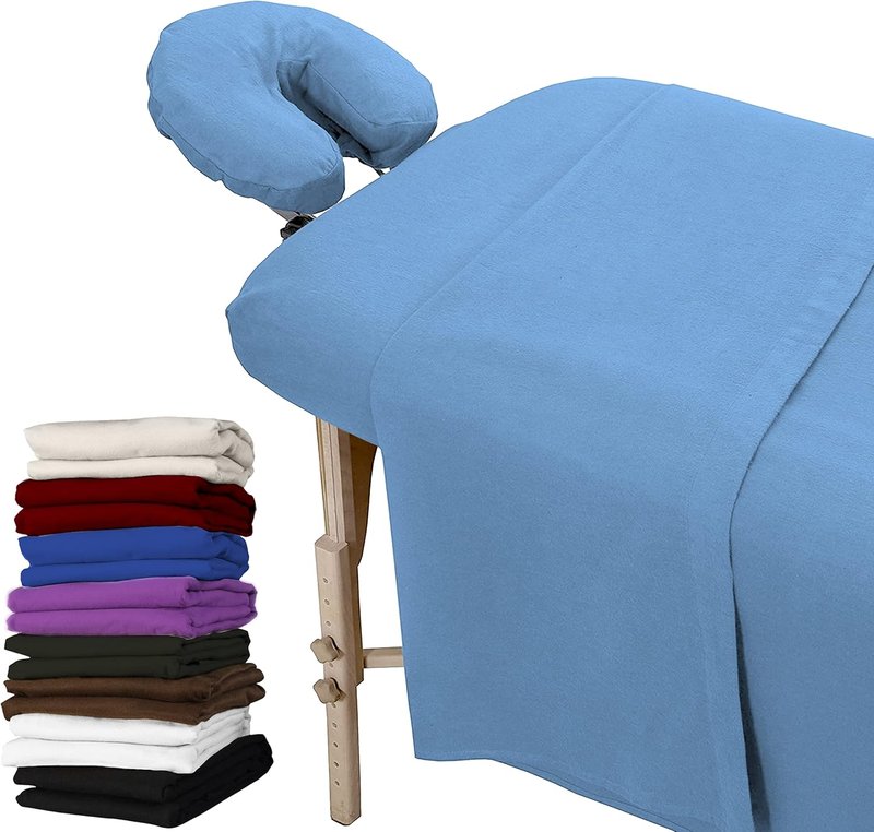 Massage Table Sheets Set - 100% Natural Cotton Flannel | 3-Piece Light Blue Set with Cover, Fitted Sheet & Face Rest