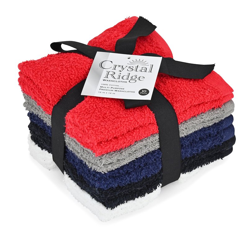 Crystal Ridge Cotton Wash Cloths 10 Pack - Washcloths for Showering, Face and Body, Soft and Highly Absorbent Multipurpose Towels for Bathroom, Kitchen, Spa and Gym - Wash Rags 12 x12 (Contemporary)