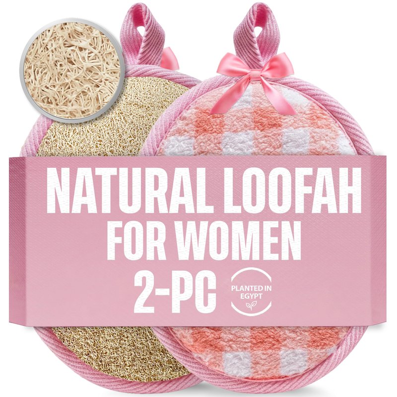 SERRENTO Egyptian Natural Loofah Body Scrubber Pads for Women, Double Sided Luffa Sponge for Face, Back & Body, Bath Shower Loofa Washcloths, Gentle Skin Smoothing, 2 Count (1 Pack)