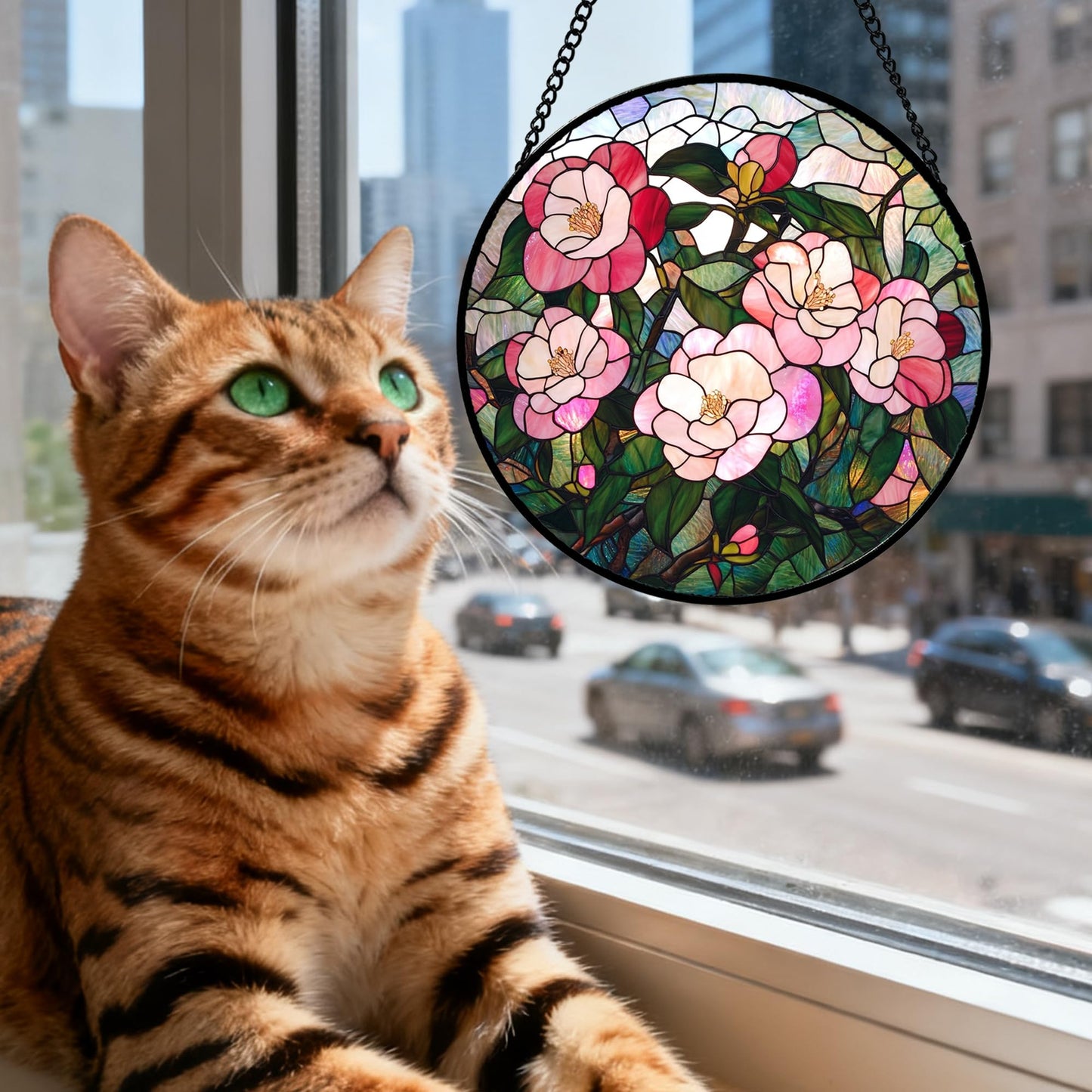 QZQCBLC Stained Glass Window Hanging Pink Rose 7.8" - Green Suncatcher Door Garden Sun Catcher Home Decor Birthday Christmas for Mom Men Woman Nana Wife Friend Plant Lovers