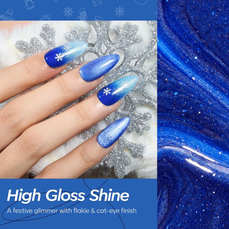 modelones Blue Gel Nail Polish Set, 6 Colors Cat Eye Glitter Color Changing Chameleon Gel Polish Kit with Magnet Snow Stickers Soak Off Led Nail Art Manicure Salon DIY Holiday Gifts