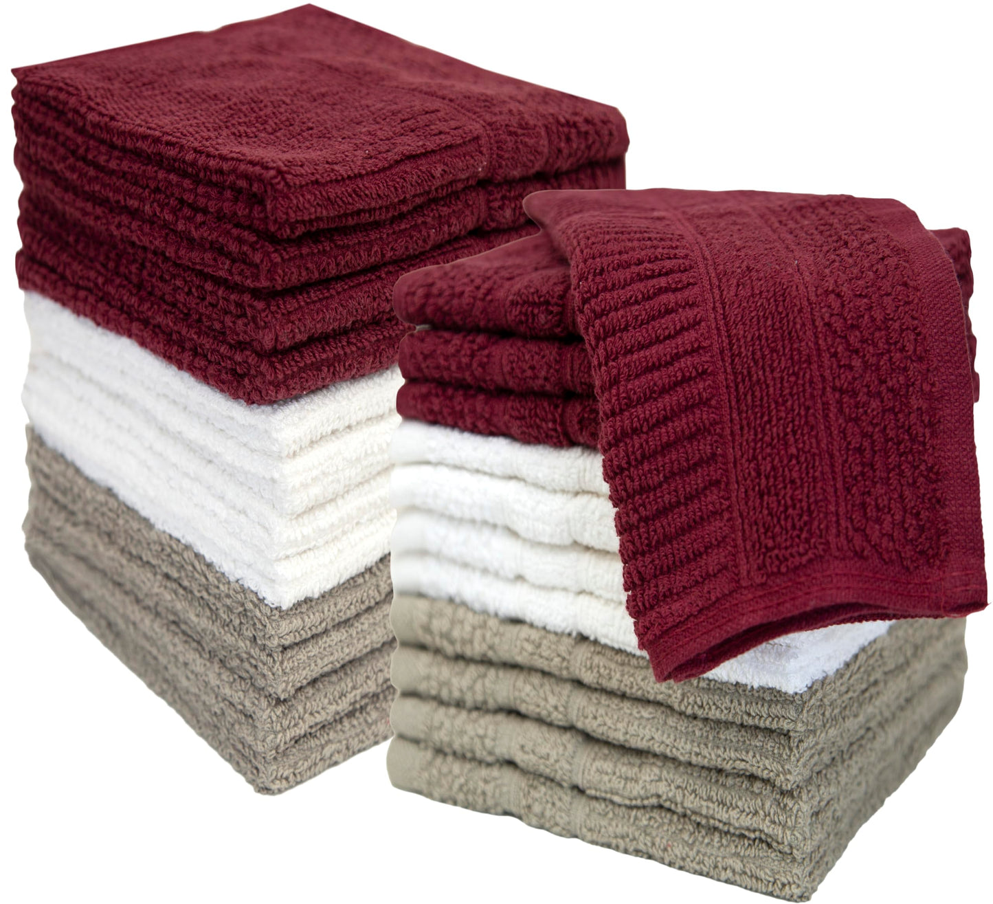 PH Pleasant Home Ribbed Wash Cloths Set - 12 Pack (12” x 12”) – 509 GSM - 100% Ring Spun Cotton Wash Cloth - Super Soft and Highly Absorbent Face Towels (Maroon, White & Tan)