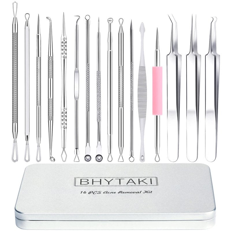 Blackhead Remover Tools, 16 PCS Pimple Popper Tool Kit, Acne Blackhead Tools for Blemish, 410 Premium Professional Stainless Acne Pimple Extractor Tool with Metal Box