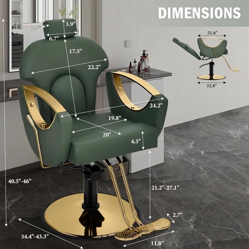 Salon Chair for Hair Stylist - 360° Swivel Reclining Barber Chair | Height Adjustable Spa Beauty Equipment, Green Gold