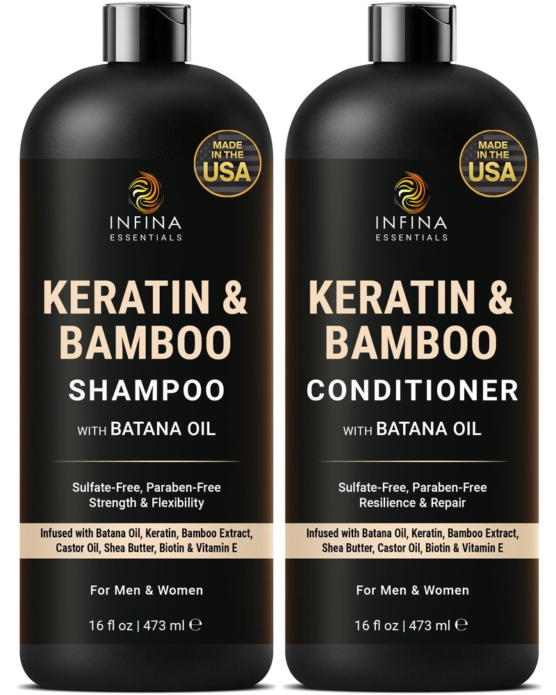 INFINA ESSENTIALS Keratin Shampoo and Conditioner Set | Frizz Control & Smoothing with Batana Oil & Bamboo Extract | Sulfate-Free | Men & Women | 16 fl oz Each